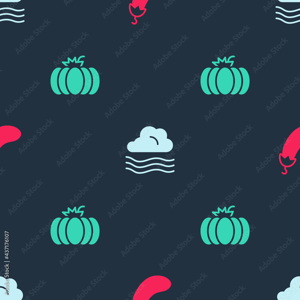 Set Eggplant, Windy weather and Pumpkin on seamless pattern. Vector