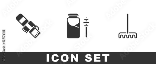 Set Winter scarf, Jar of honey and dipper stick and Garden rake icon. Vector