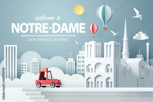 Paper art of red car take travel to notre-dame de paris in Paris after Covid-19 outbreak end, safe travels and journey in Paris concept