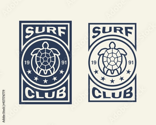 Set of color illustrations turtle, starfishes and text on the background. Vector illustration in vintage style for emblem, sticker, label, poster, print. Surfing club. Summer vacation at the sea.