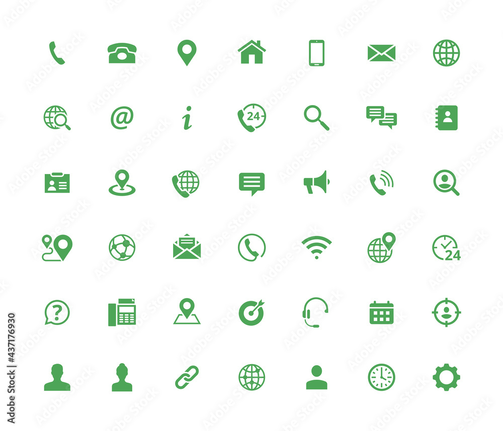 Set of 42 solid contact icons. Green vector symbols. Set of 42 solid contact icons. Green vector symbols.