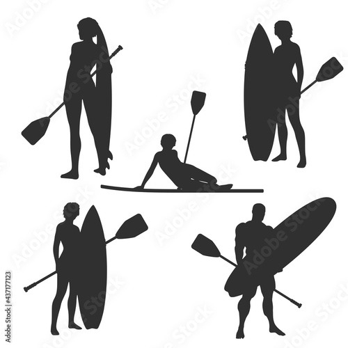 Silhouettes collection of man and women with surf board
