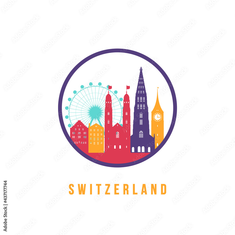 Famous Switzerland landmarks silhouette. Colorful Switzerland skyline round icon. Vector template for postmark, stamp, badge or logo.
