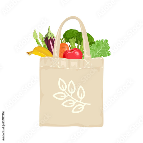 Reusable grocery eco bag with fruit and vegetables isolated from white background. Zero Waste concept. Vector illustration in cartoon flat style. Healthy organic food icon.