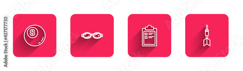 Set line Billiard pool snooker ball, Glasses for swimming, Sport training program and Dart arrow with long shadow. Red square button. Vector