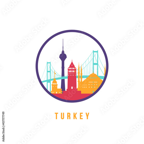 Famous Turkey landmarks silhouette. Colorful Turkey skyline round icon. Vector template for postmark, stamp, badge or logo.