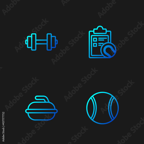 Set line Tennis ball, Stone for curling sport game, Dumbbell and Checklist clipboard and tennis. Gradient color icons. Vector