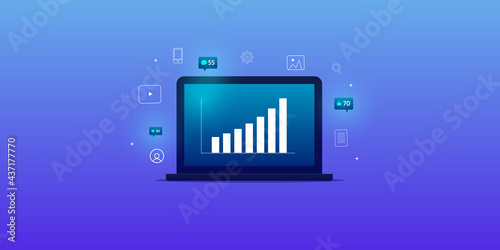 Digital media marketing concept. Increasing graph on laptop screen with marketing icons and elements. Finance, investment, business sales and revenue background.