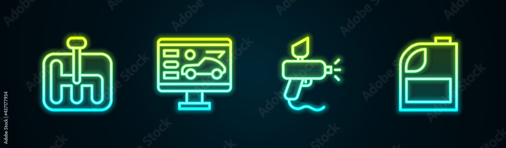 Set line Gear shifter, Diagnostics condition of car, Paint spray gun and Canister for motor machine oil. Glowing neon icon. Vector Set line Gear shifter, Diagnostics condition of car, Paint spray gun and Canister for motor machine oil. Glowing neon icon. Vector