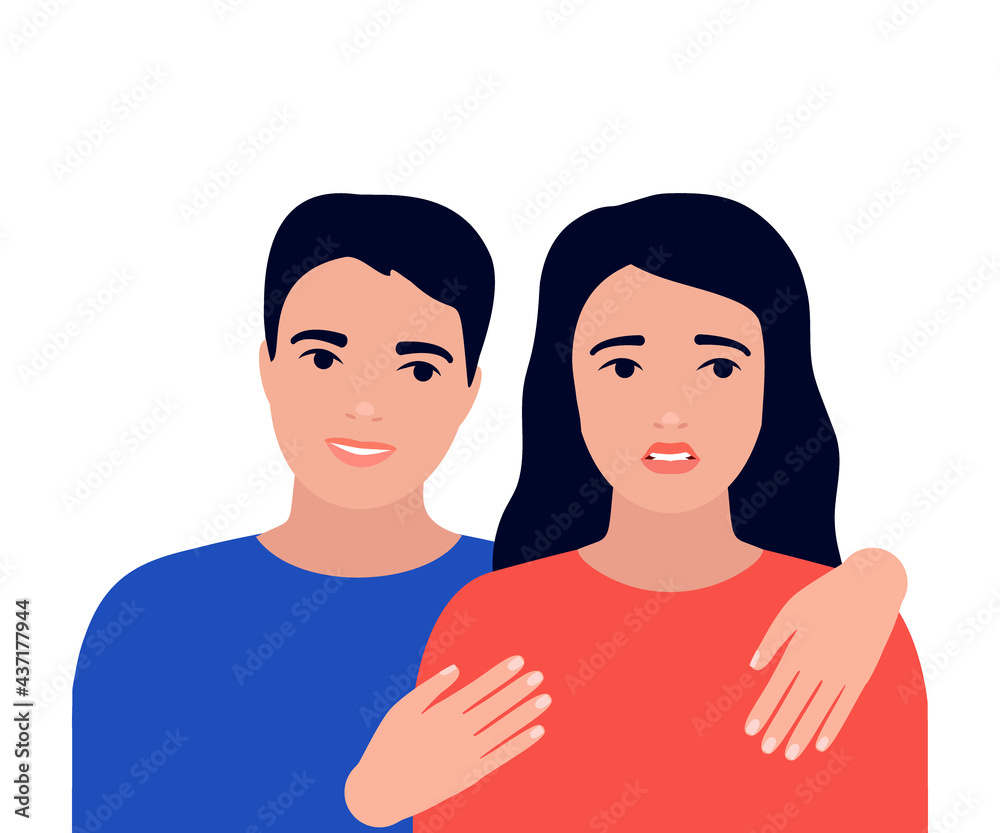 Fototapeta premium Discord, problem, crisis in relationship of couple, support. Psychological family problems of man and woman. Fatigue, frustration, sad. Vector illustration