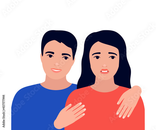 Discord, problem, crisis in relationship of couple, support. Psychological family problems of man and woman. Fatigue, frustration, sad. Vector illustration