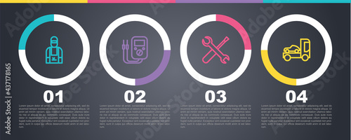 Set line Car mechanic, Multimeter, Screwdriver and wrench spanner and transporter truck. Business infographic template. Vector