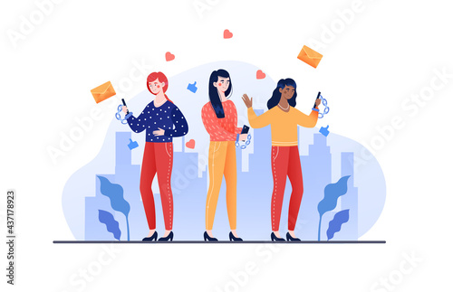 women holding tied with metal chain to smartphones