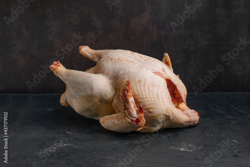 Whole raw turkey carcase on dark background.