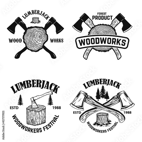 Set of crossed lumberjack axes on wooden stump background. Lumberjack wood works. Design element for logo, label, sign, poster. Vector illustration