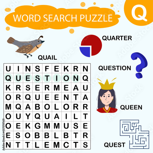 Vector educational game for kids. A puzzle for finding words starting with the letter Q