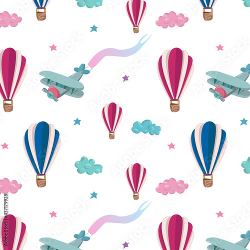 Seamless pattern with pink and blue air balloons, plane and clouds. Pattern for wallpapers,textile, cards, stationery