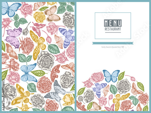Menu cover floral design with pastel menelaus blue morpho, lemon butterfly, red lacewing, african giant swallowtail, alcides agathyrsus, wallace's golden birdwing, purple spotted swallowtail, forest photo