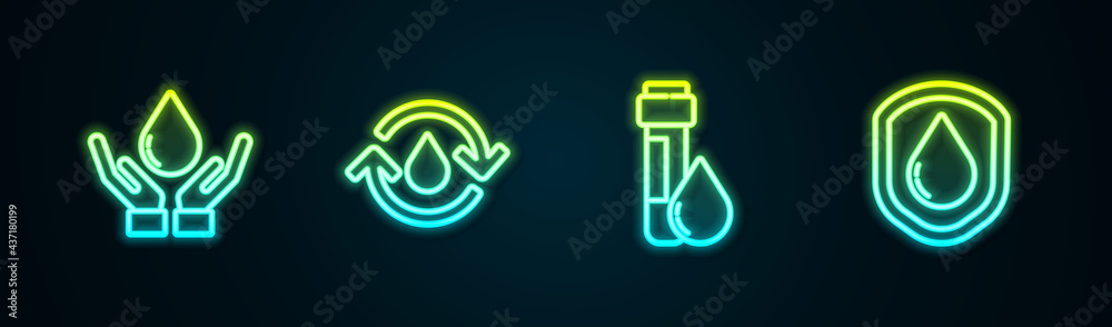 Set line Washing hands with soap, Recycle clean aqua, Test tube water drop and Waterproof. Glowing neon icon. Vector Set line Washing hands with soap, Recycle clean aqua, Test tube water drop and Waterproof. Glowing neon icon. Vector