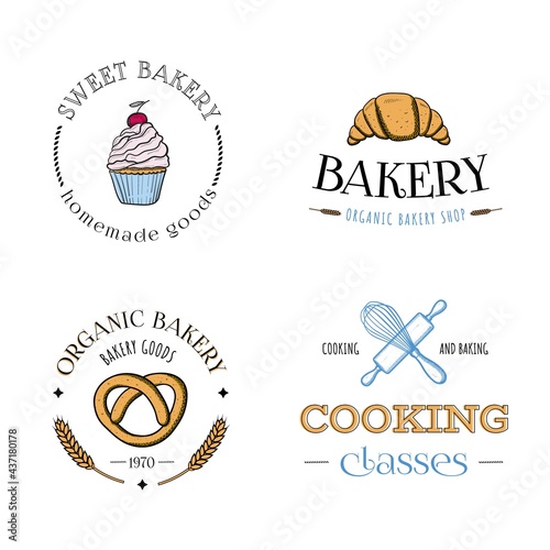 Set of bakery logos, labels, badges or icons. With cupcake, pretzel, croissant, rolling pin, whisk. Hand drawn vintage vector illustration.