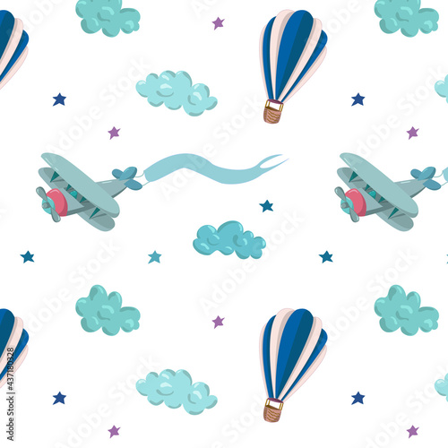 Seamless pattern with blue air balloons ,plane and clouds. Pattern for wallpapers,textile, cards, stationery