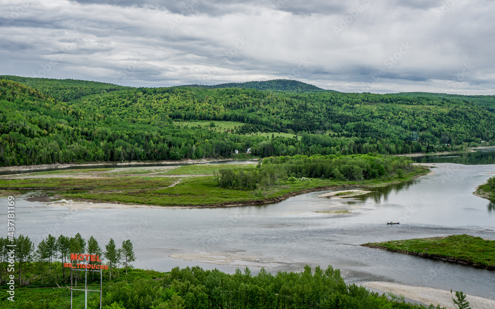 View from the Belvedere des Deux rivieres on the confluence of the Matapedia river and the Ristigouche river at the border between Quebec and New Brunswick in Quebec View from the Belvedere des Deux rivieres on the confluence of the Matapedia river and the Ristigouche river at the border between Quebec and New Brunswick in Quebec