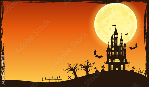秋のハロウィンの城の黒いシルエットのベクターイラストフレーム背景