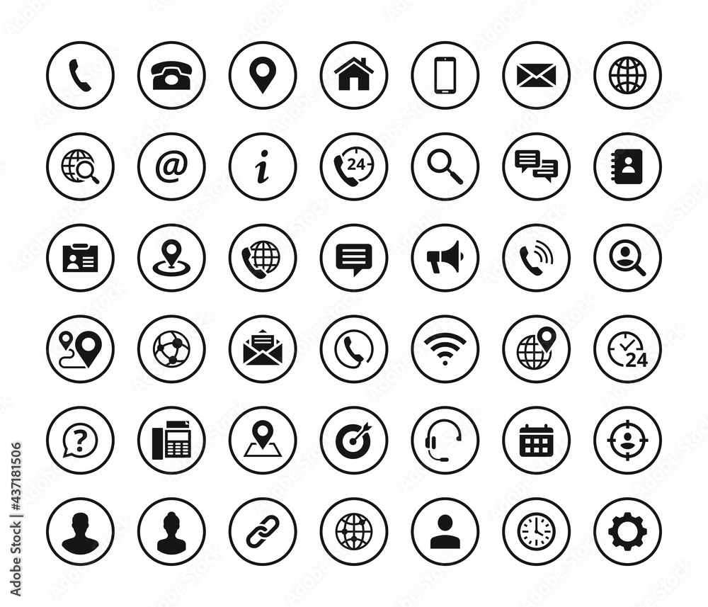 Set of 42 solid contact icons in circle shape. Black vector symbols ...