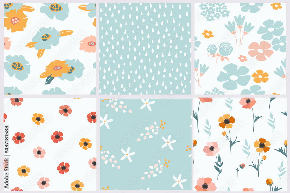 Set of cute vintage seamless pattern with bright bouquets of anemone flowers, leaves and buds, daisies, drops and simple shapes. Summer retro design for printing, wallpaper, textiles. Vector graphics.