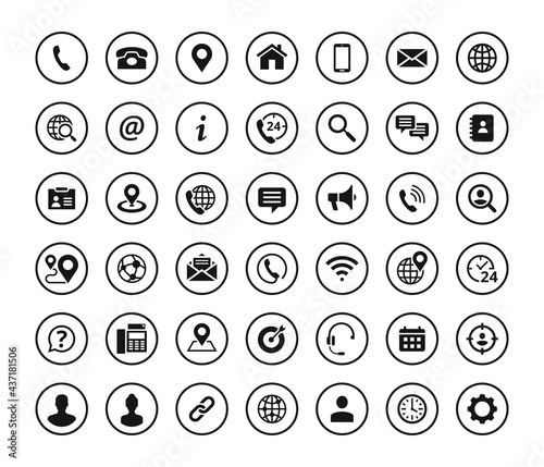 Set of solid contact icons in circle shape. Black vector symbols.