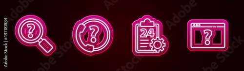 Set line Unknown search, Telephone 24 hours support, Checklist with service and Browser question mark. Glowing neon icon. Vector