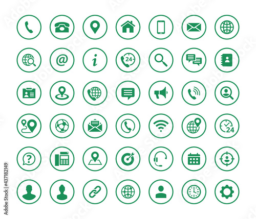 Set of 42 solid contact icons in circle shape. Green vector symbols.