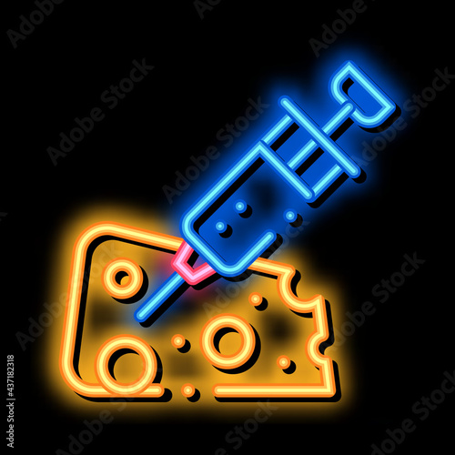 Injection into Cheese neon light sign vector. Glowing bright icon Injection into Cheese sign. transparent symbol illustration