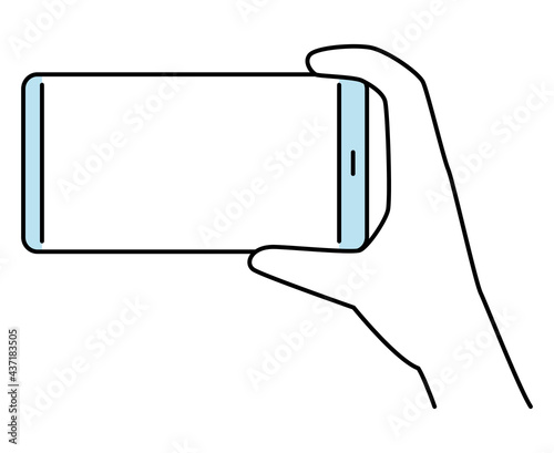 横向きのスマートフォンを持つ手　片手　線画カラー
