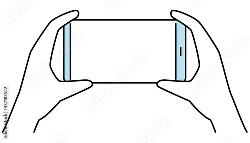 横向きのスマートフォンを持つ手　両手	線画カラー