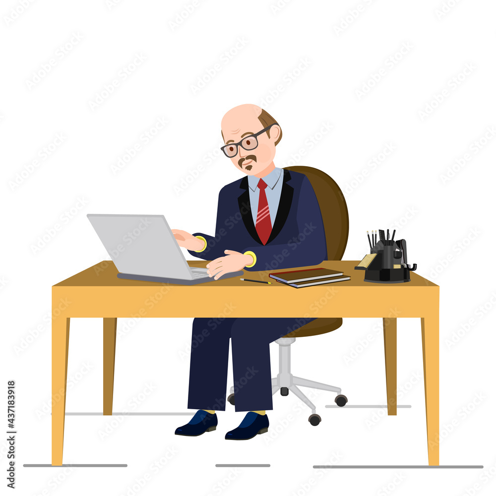 An elderly man is typing on a laptop. A man is sitting at a desk with a laptop. Vector image of a person for animation. Editable strokes. All details on separate layers with names
An elderly man is typing on a laptop. A man is sitting at a desk with a laptop. Vector image of a person for animation. Editable strokes. All details on separate layers with names