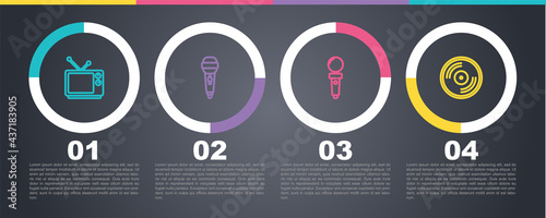 Set line Retro tv, Microphone, Joystick for arcade machine and Vinyl disk. Business infographic template. Vector