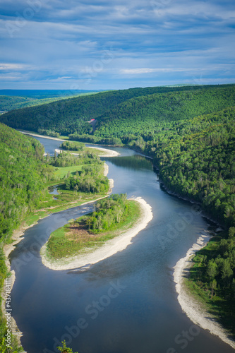 View on the Ristigouche river and New Brunswick from the Belvedere Horizon de Reve, located in St Alexis de Matapedia, in Quebec (Canada)