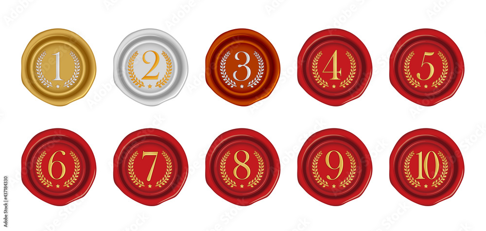 Sealing wax stamp vector illustration set ( number, ranking ) from 1st to 10th (gold, silver, bronze, red)