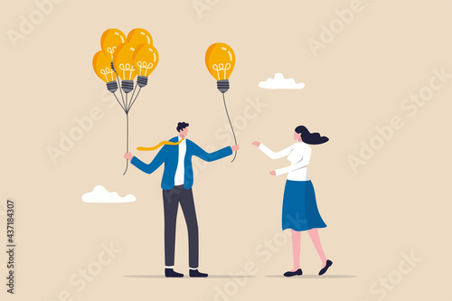Business idea or solution offering, mentor give an advice, solution to solve business problem or help sharing creativity idea concept, smart businessman giving lightbulb idea to young employee. photo