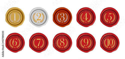 Sealing wax stamp vector illustration set ( number, ranking ) from 1st to 10th (gold, silver, bronze, red)