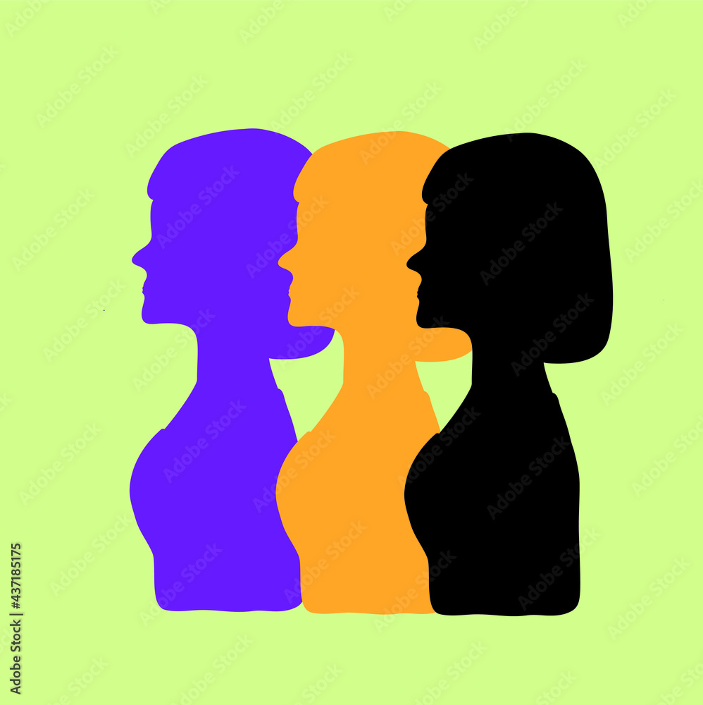 The female silhouette of the head is isolated. The concept of equality, international Women's Day, activism, feminism. Illustration of a silhouette with feminist women. Modern flat design style