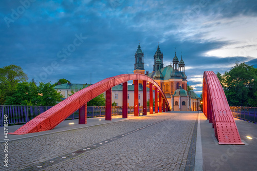 Poznan, Poland. View of Jordan bridge (Most Jordana) and Poznan Cathedral at dusk