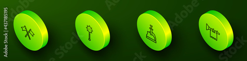 Set Isometric line Crossed medieval flag, Medieval chained mace ball, Sword the stone and Trumpet with icon. Vector