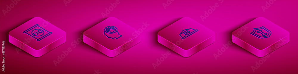 Set Isometric line Canned food, Human with animals footprint, Pet bowl and Animal health insurance icon. Vector Set Isometric line Canned food, Human with animals footprint, Pet bowl and Animal health insurance icon. Vector