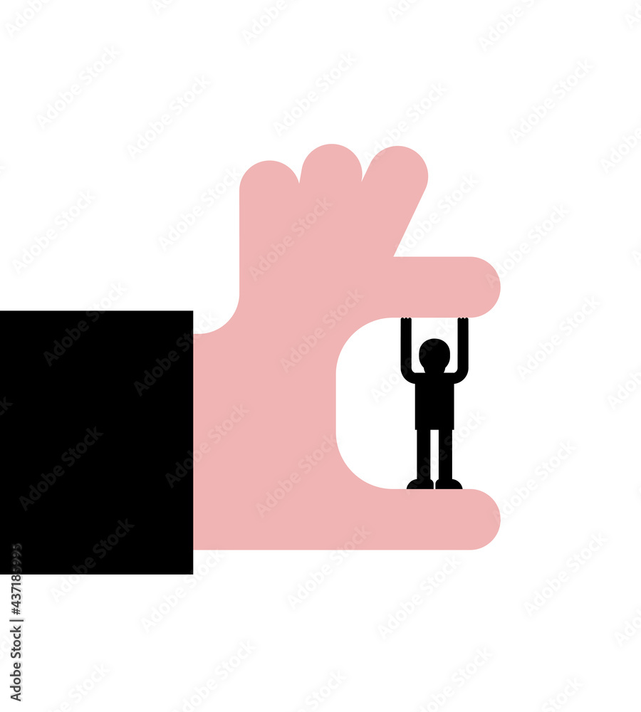 small man resists the big hand. Boss and subordinate concept small man resists the big hand. Boss and subordinate concept