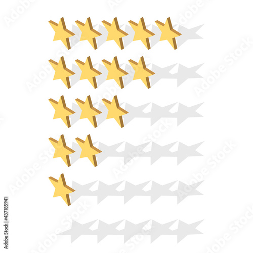 Isometric golden rating stars set from one to five with drop shadows on white. Feedback, quality, satisfaction and voting concept. Flat design. EPS 8 vector illustration, no transparency, no gradients
