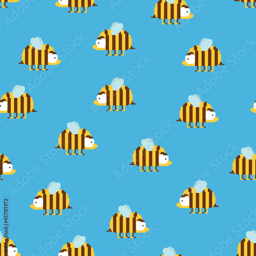 Bee pixel art 8 bit pattern seamless. pixelated honeybee 8bit vector background