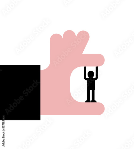 small man resists the big hand. Boss and subordinate concept