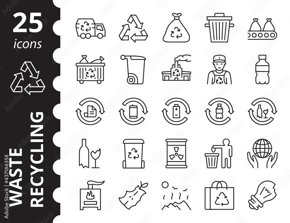 Waste recycling - icons set. Simple garbage related vector line symbols. Collection thin linear signs.